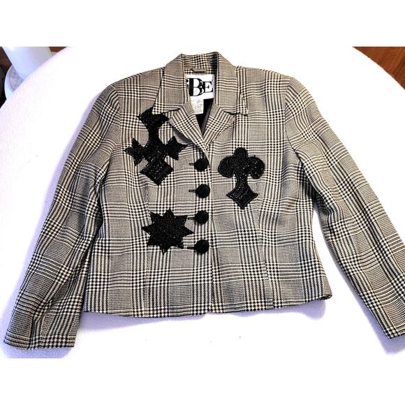 IBE Womens Blazer Jacket 10 Vintage 90s Silk Wool Houndstooth Black Tan Y2K - Picture 2 of 9